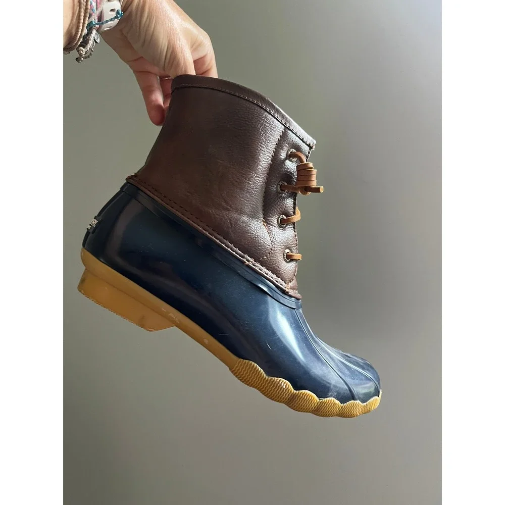 Sperry Saltwater Duck Boots Navy Brown Side Zip Womens 5 / 37 Rain Snow Gorpcore